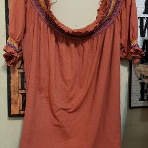 Flower & Feather Rust Color Off Shoulder Yellow, Pink, Blue Stiching